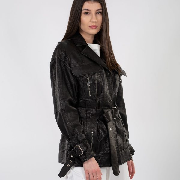 Jacheta dama, neagra din piele naturala aston cu curea dama, la talie - Anna Forgaci