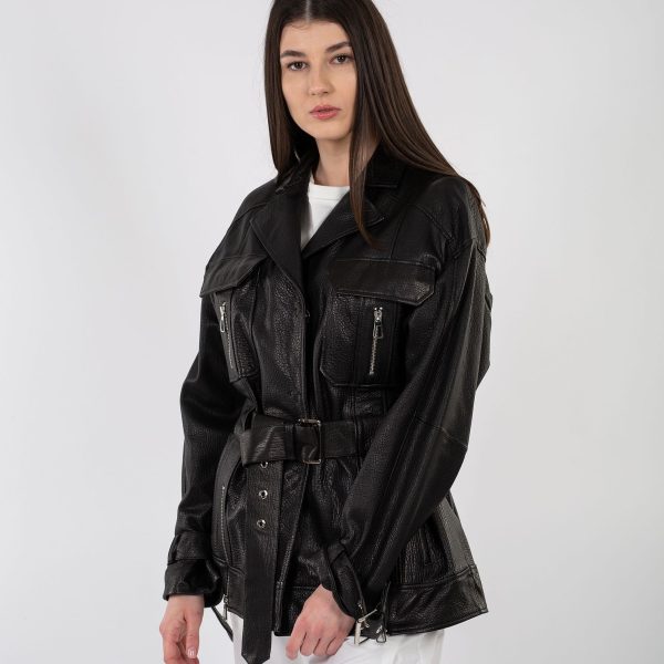 Jacheta dama, neagra din piele naturala aston cu curea dama, la talie - Anna Forgaci