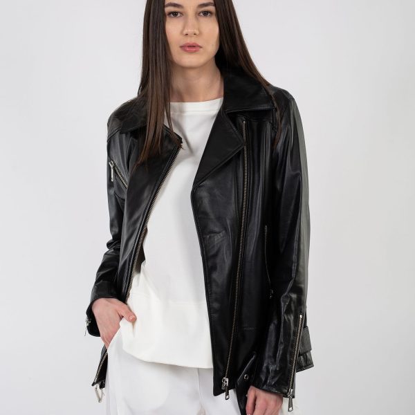 Jacheta dama, neagra din piele naturala cu accesorii din metal - Anna Forgaci