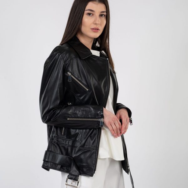 Jacheta dama, neagra din piele naturala cu accesorii din metal - Anna Forgaci