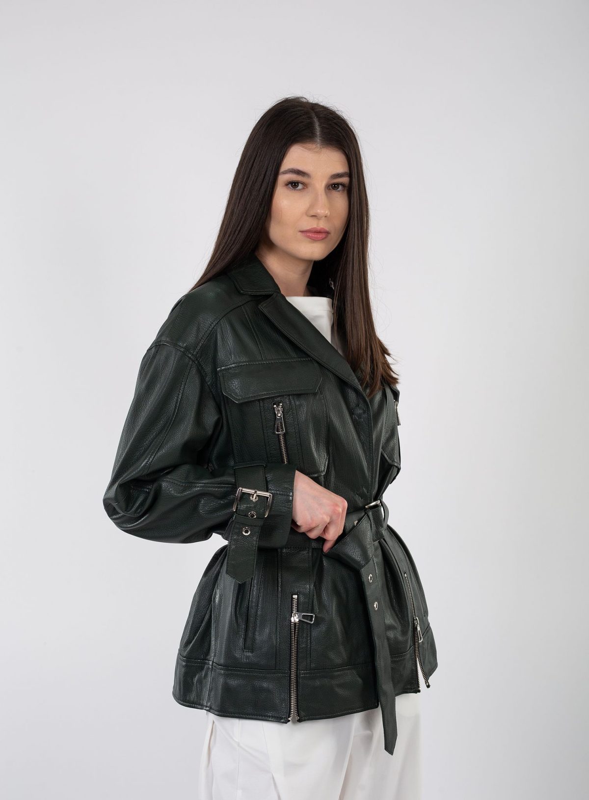 Jacheta din piele naturală verde - Anna Forgaci