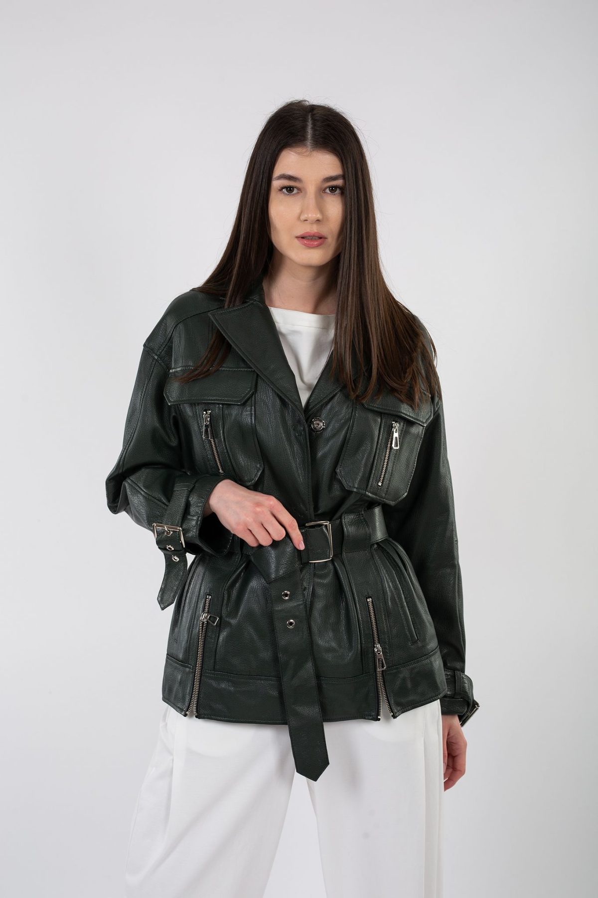 Jacheta din piele naturală verde - Anna Forgaci