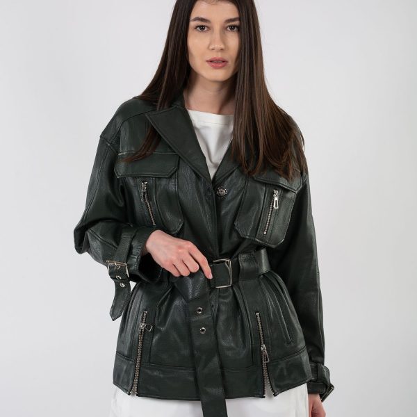 Jacheta din piele naturală verde - Anna Forgaci