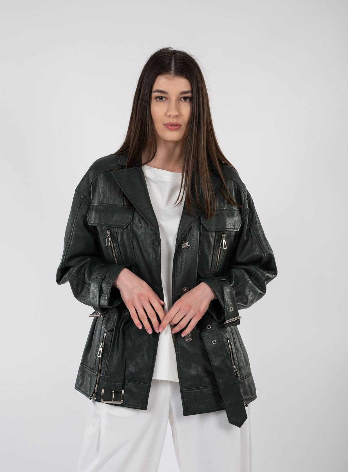 Jacheta din piele naturală verde - Anna Forgaci