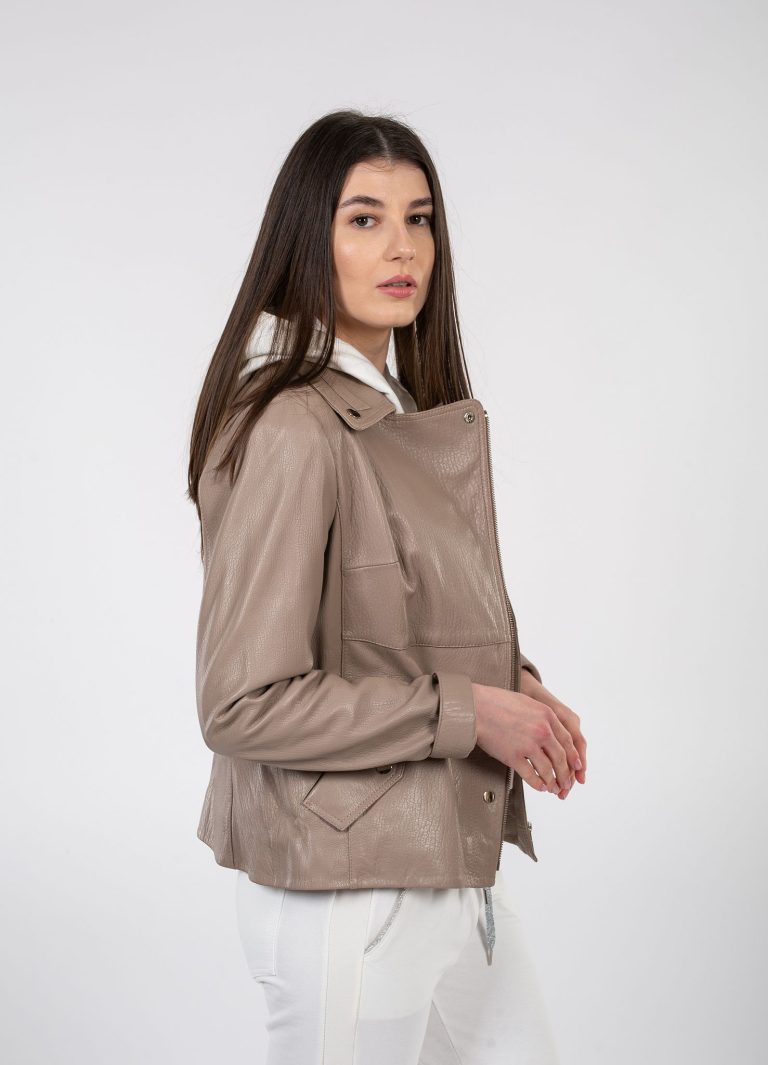 Jacheta dama, din piele naturală jumbo bej - Anna Forgaci