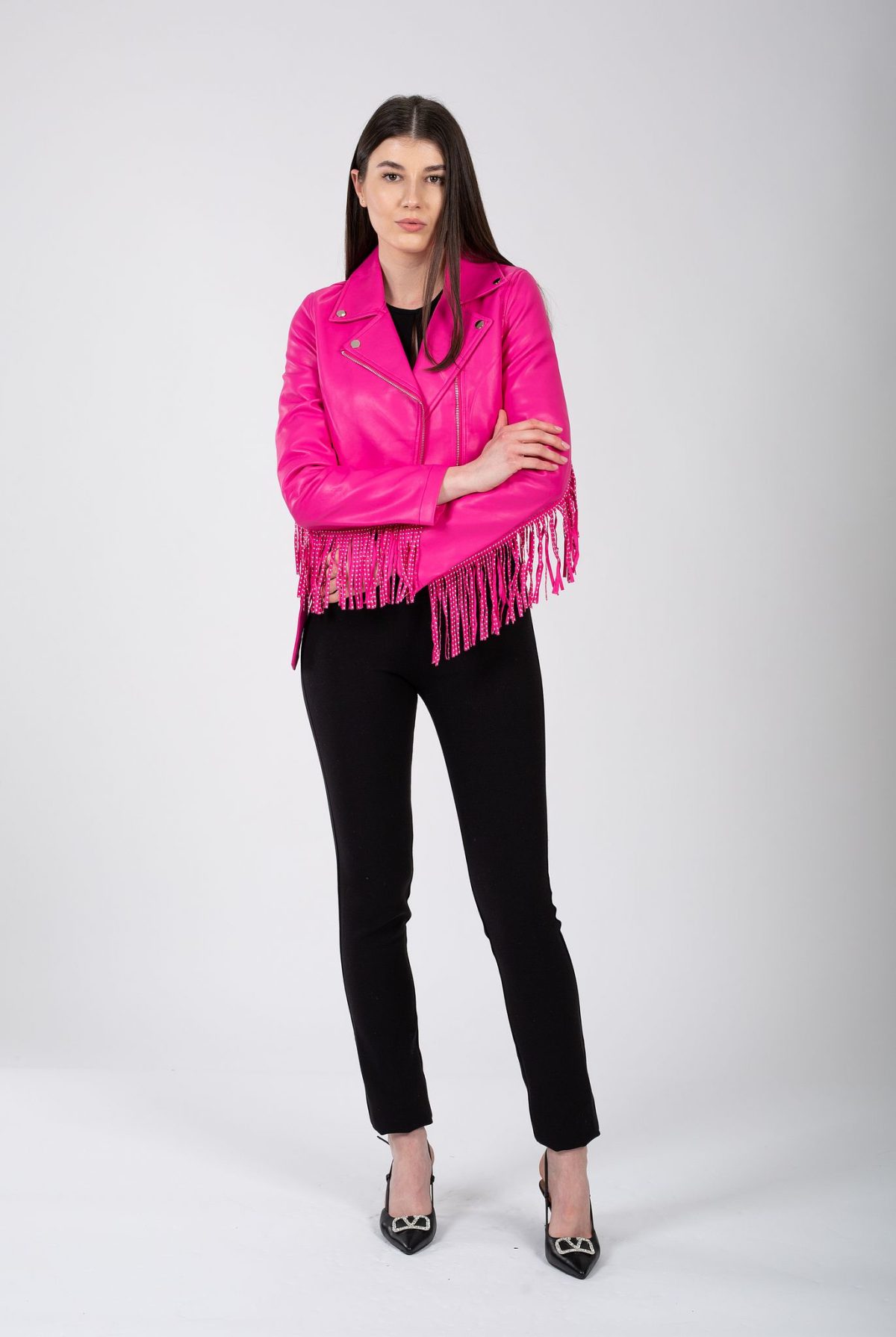 Jacheta ecopele fucsia cu franjuri - Anna Forgaci