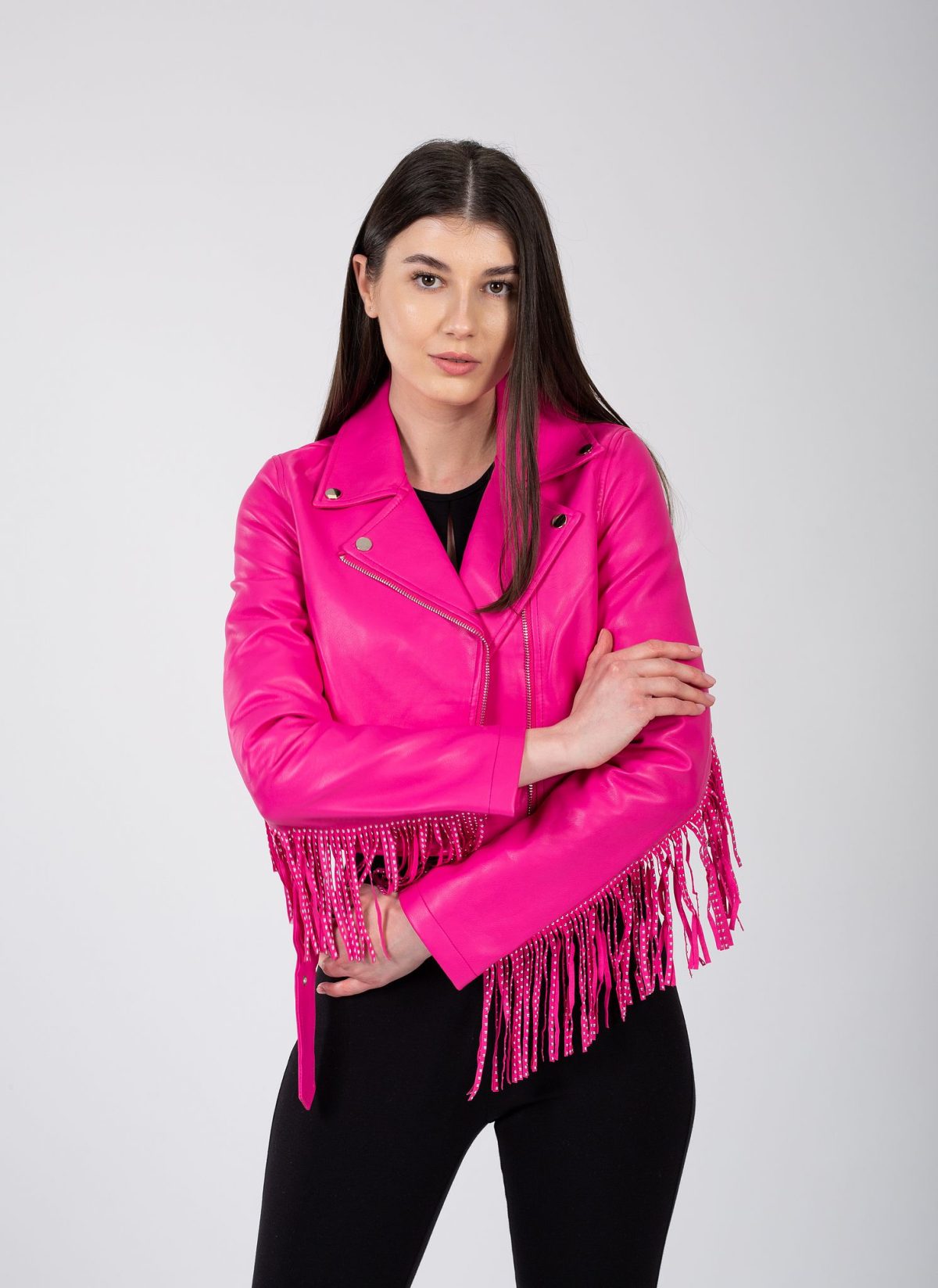 Jacheta ecopele fucsia cu franjuri - Anna Forgaci