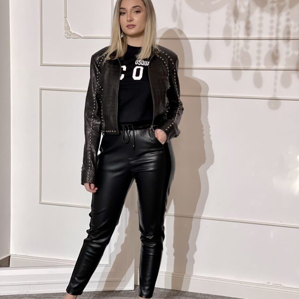 Jacheta dama, din piele cu capse metal decupată lateral - Anna Forgaci