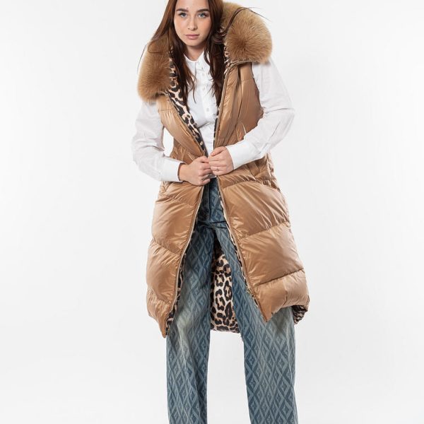 Vestă flo&clo double face camel cu leopard blana vulpe detașabilă - Anna Forgaci