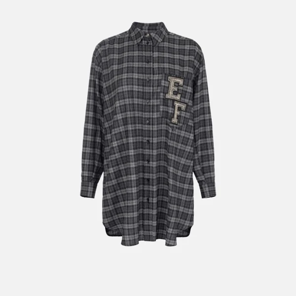 Rochie cămașă din tartan de lână cu patch brodat elisabetta franchi - Anna Forgaci